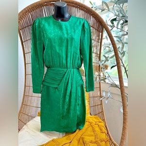 Vintage Green Floral Papell Petites Silk Dress Size 4 Petite